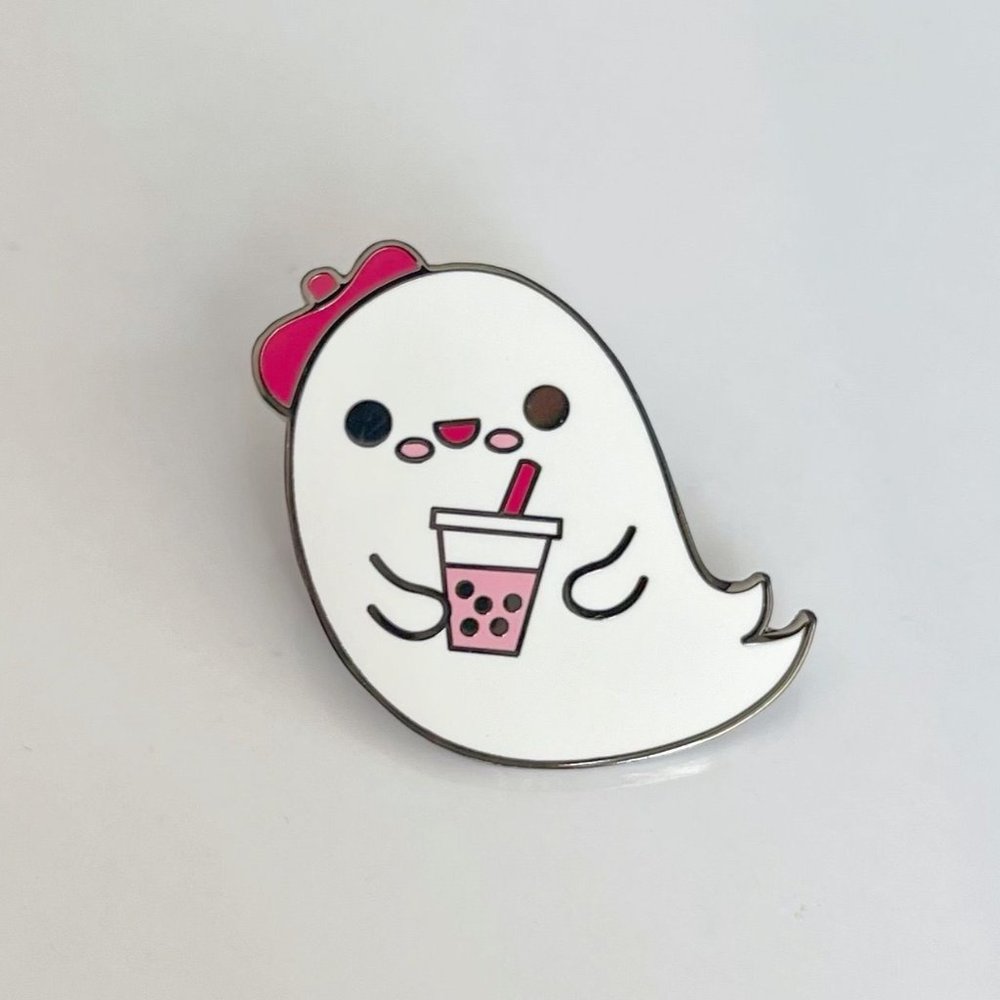 *50% OFF! Boba tea ghost pin French beret spooky drink straw flair pins